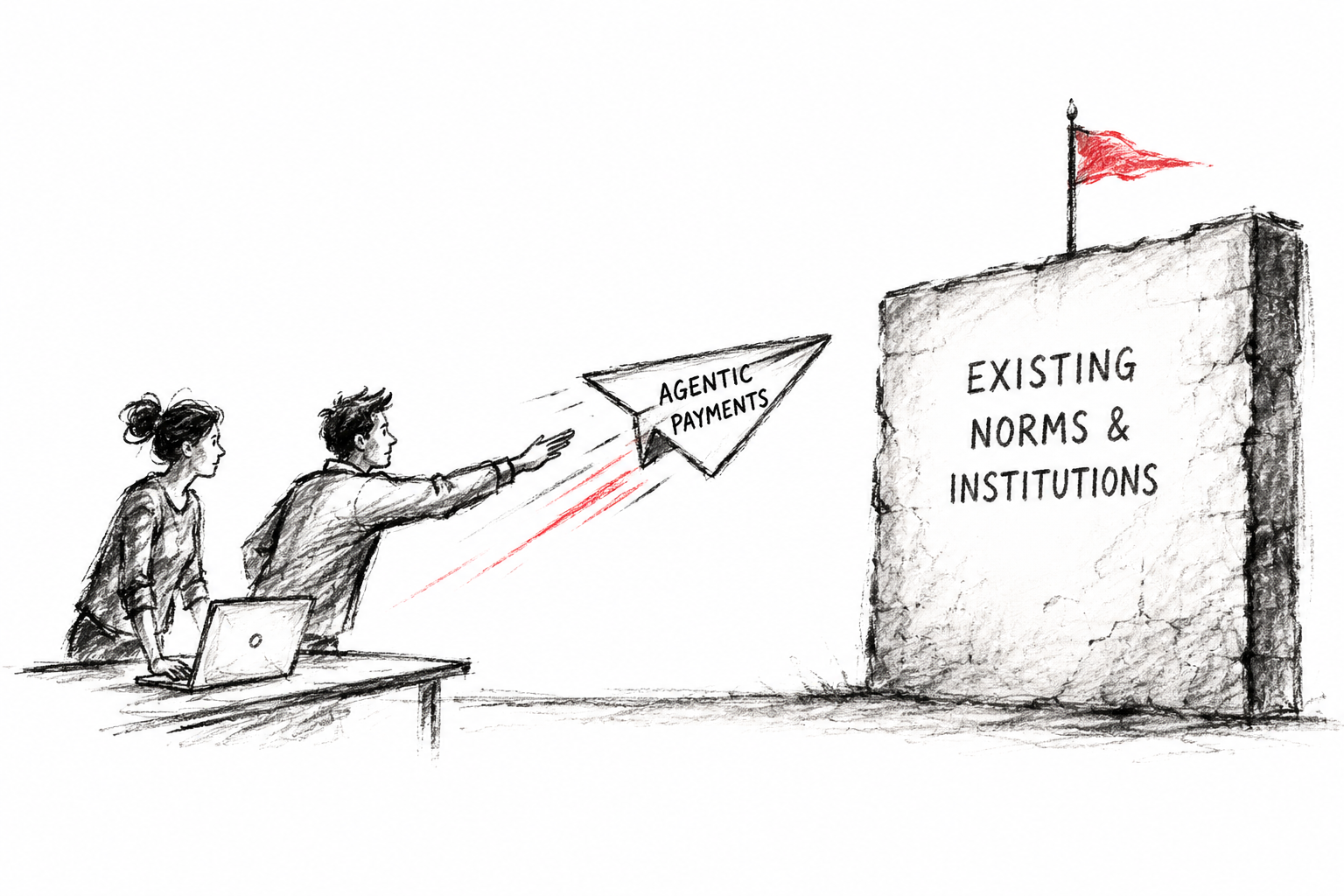 Agentic payments have a culture problem: a paper airplane labelled “agentic payments”, launched from a couple working at a laptop, sails straight at a stone monument labelled “existing norms & institutions” topped with a flag. The technology is nearly solved; the wall it has to get through is fifteen years of hardened business habits.